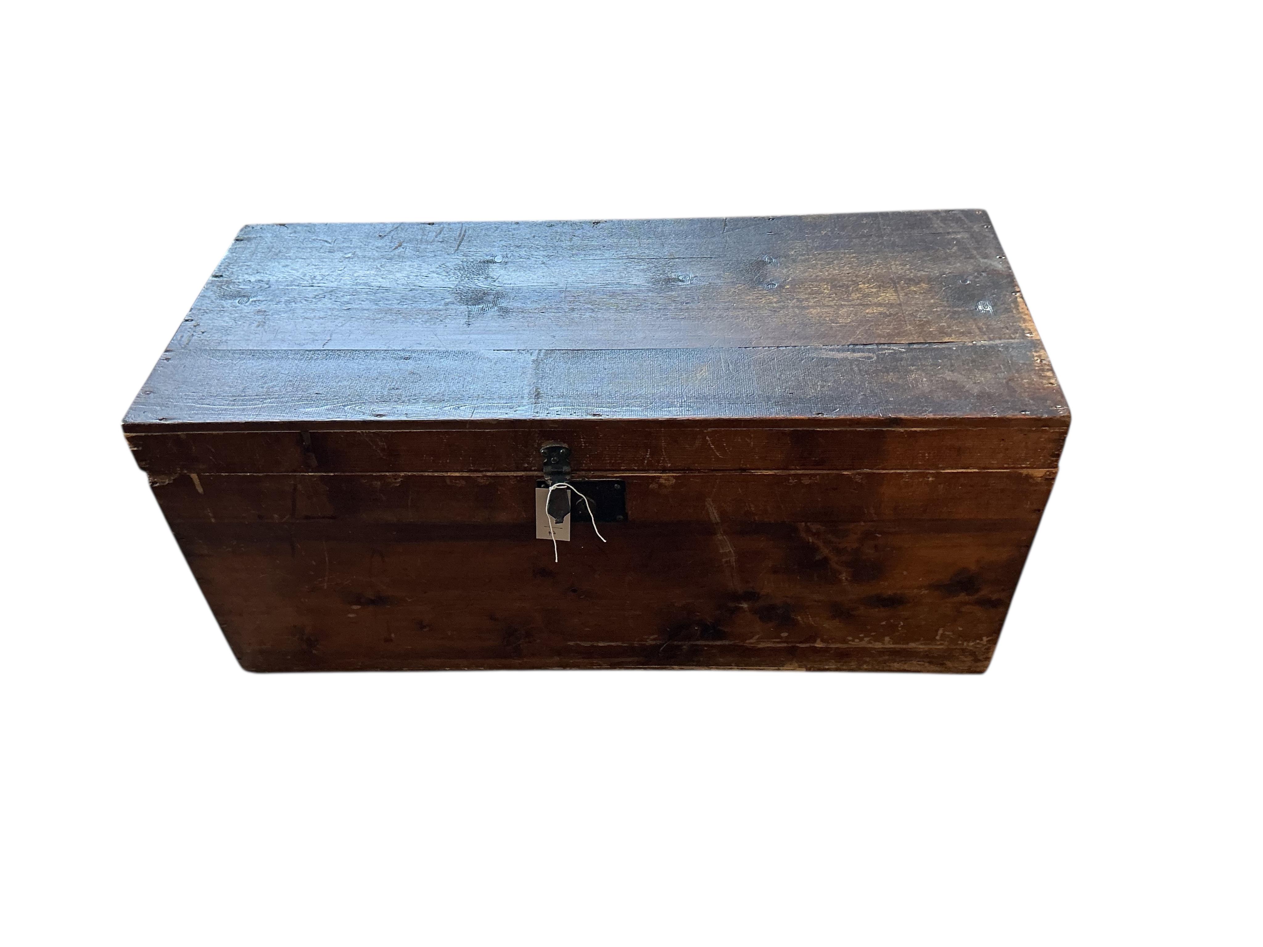 A Victorian rectangular pine trunk, width 91cm, depth 39cm, height 41cm
